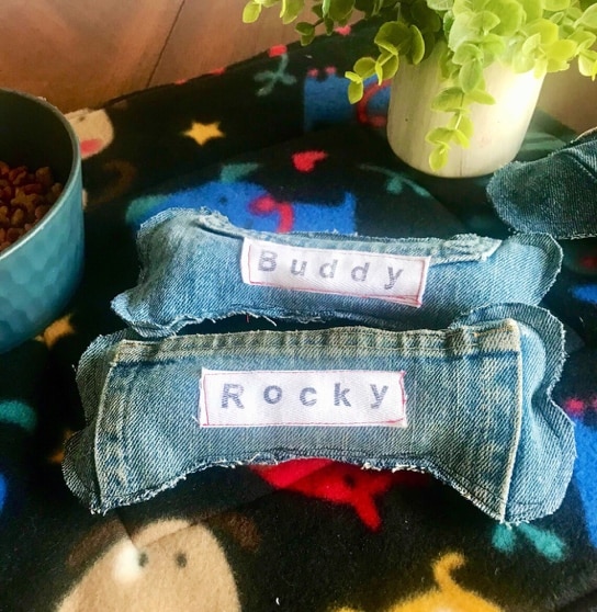 Denim personalized dog bone toy with squeakers . image 1