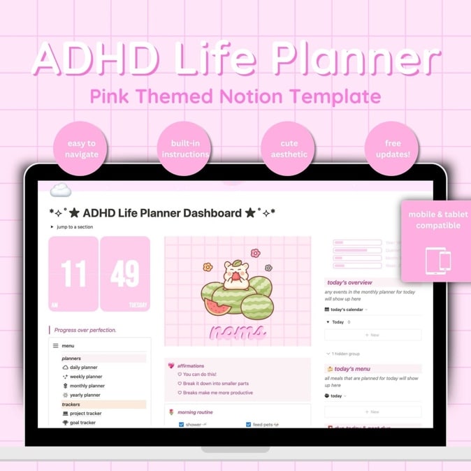 Notion Template, ADHD Notion Template, ADHD Notion Planner, Notion Planning Template, Pink Notion Daily Template, ADHD Notion, Cute Notion image 1