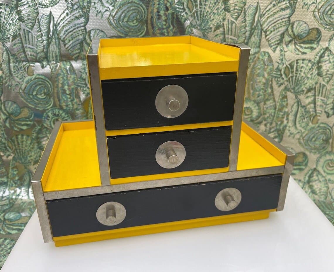 MCM Mod Jewelry Box, Bright Yellow And Black, Silver Metal Trim, Music Box Plays Somewhere My Love, Three Velvet Lined Drawers, Painted Wood image 1