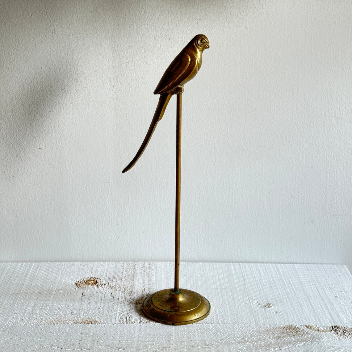 Vintage Brass Parrot Statue Figurine on Tall Stand Vintage Brass Bird on Post image 1