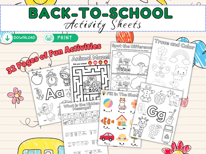 Back to School Activity Sheets, Back to School Trace and Color Activity, Back To School Activities, First Day of School Activities Ages 4-7 image 1