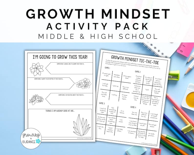 Back to School Growth Mindset Activities Pack Middle School High School No Prep Worksheets Counseling SPED Homeschool Resource image 1