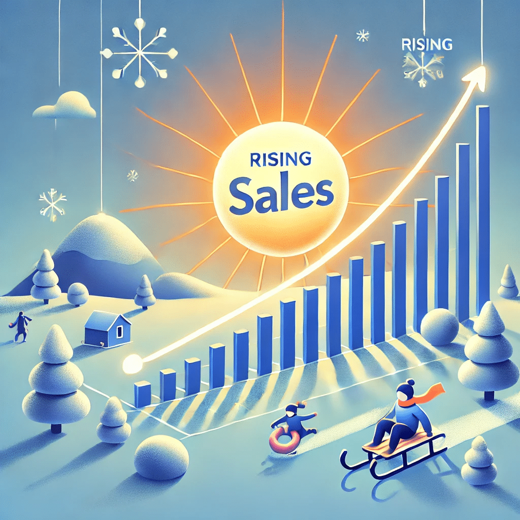 Create an editorial illustration of a sales chart with rising sales. The chart is designed to resemble the sun shining over a wintery scene. The rising line on the chart forms the sun, casting light over a snowy landscape. The scene should evoke a winter atmosphere, with elements like kids riding sleds on snow drifts, and a cool color palette, while clearly illustrating the concept of rising sales during winter.