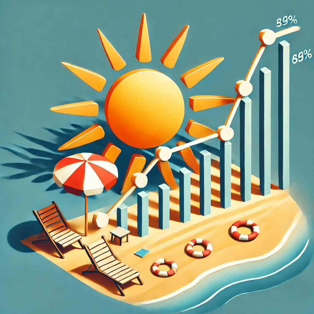 Create an editorial illustration of a sales chart with declining sales. The chart is designed to resemble the sun shining on a beach. The sun is formed by the declining line on the chart, casting light over a sandy beach. The scene should evoke a summer atmosphere, with elements like beach umbrellas, waves, and a warm color palette, while clearly illustrating the concept of a summer sales slump.