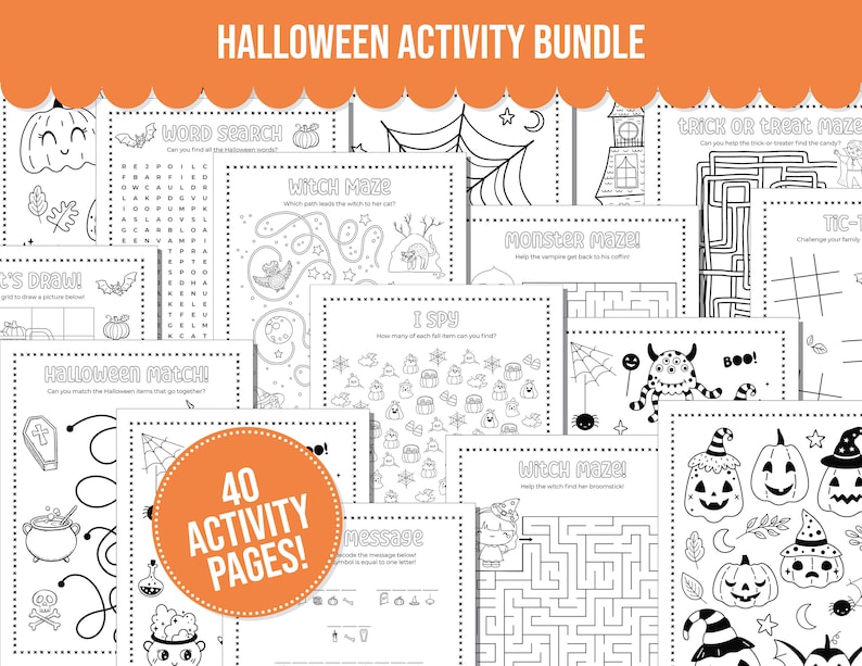 Halloween Activity Pages for Kids Fall Coloring Pages Halloween Activity Bundle Printable Coloring Sheets image 1