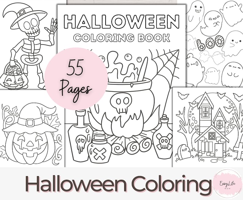 Halloween Coloring Book, 55 Halloween Coloring Pages, Printable Coloring Book for Kids image 1