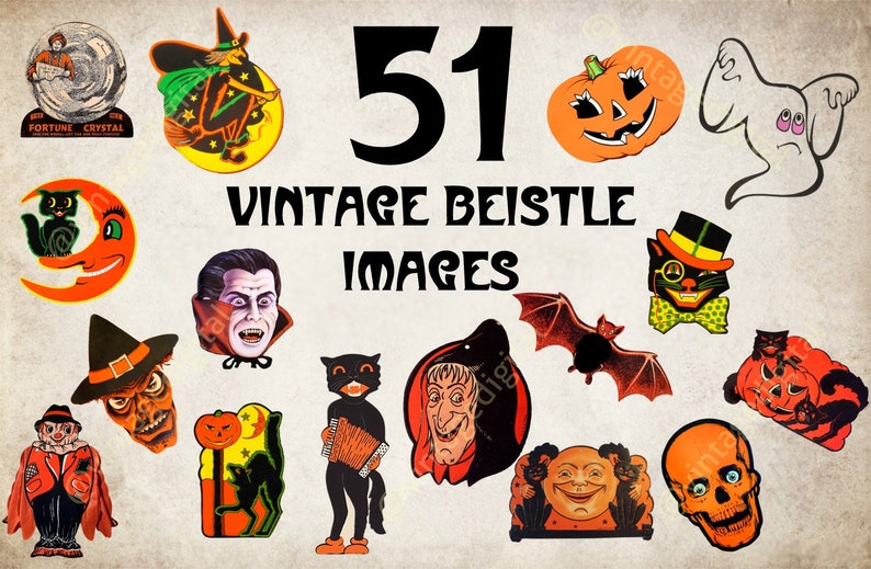 Large Lot of 51 Printable Retro Vintage Beistle Halloween Images Downloadable Horror Creepy Images Clipart Instant Download image 1