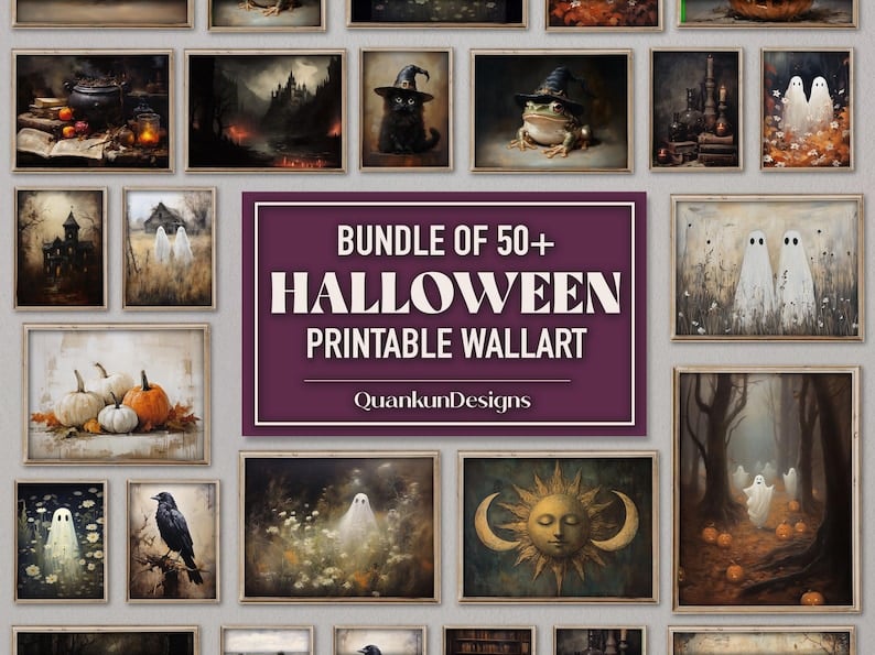 Set Of 50 Vintage Halloween Printable Wall Art, Bundle Digital File Halloween Prints, Dark Academia Wall Prints, Halloween Wall Gallery image 1