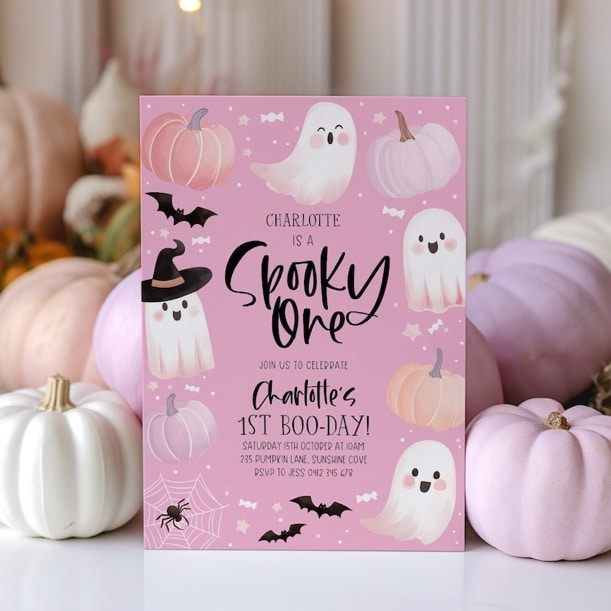 Spooky One Invitation Pink, Halloween Ghost 1st Birthday Party Invite, Cute Pink Ghost 1st Birthday, First Boo Day Halloween Invitation Girl image 1