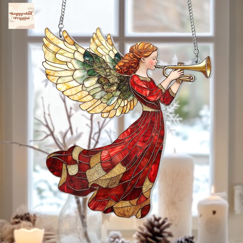 Christmas Angel Suncatcher Ornament, Whimsical Angel With Trumpet Suncatcher, Perfect for Holiday Decor, Acrylic Window Hanging & Wall Art image 1