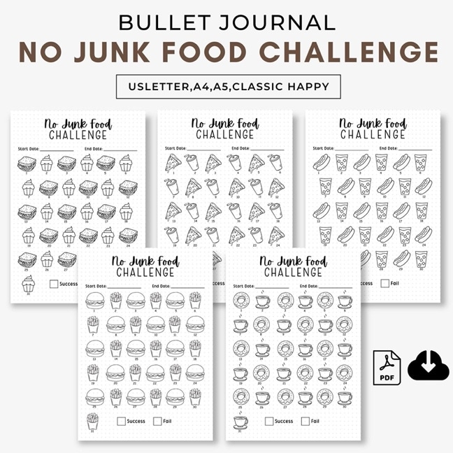 A group of bullet journal challenge papers Description automatically generated