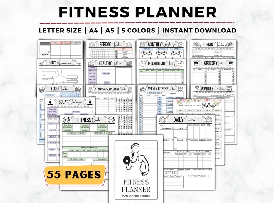 A group of fitness planner sheets Description automatically generated