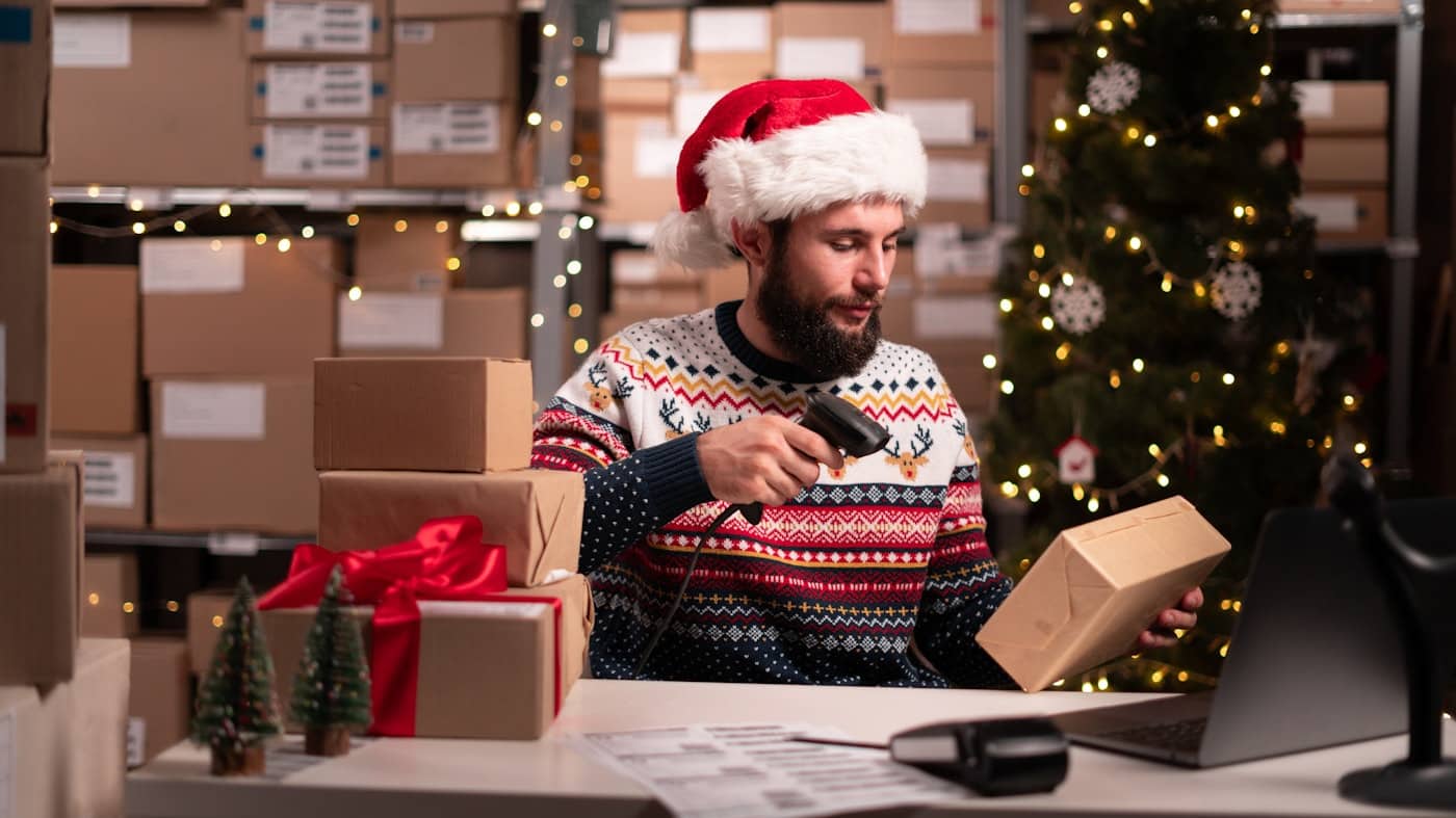 A person in a santa hat holding a barcode scanner Description automatically generated