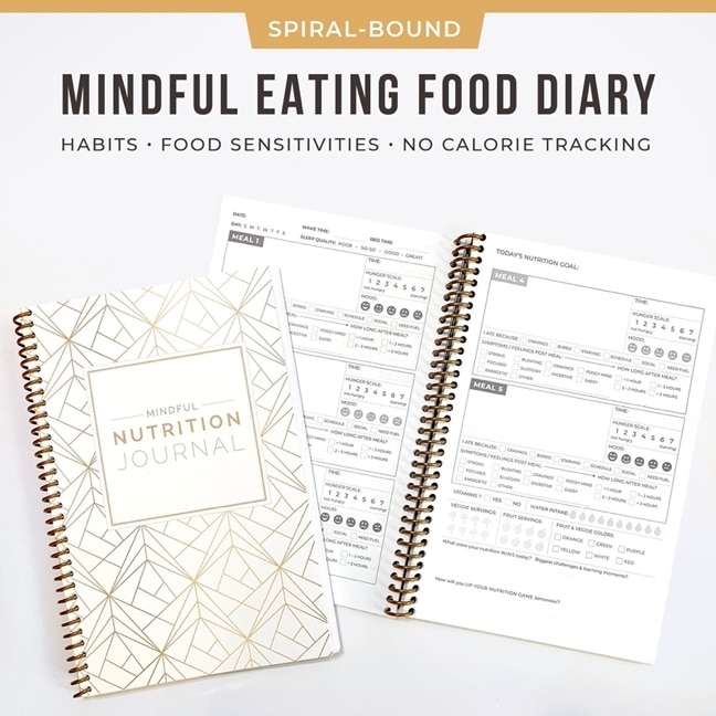 A spiral bound notebook with a nutrition journal and a nutrition chart Description automatically generated with medium confidence