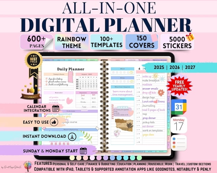 All In One Digital Planner 2025, 2026, 2027 Yearly Updates, Digital Journal, Digital Goodnotes Template, Weekly, Daily Planner, Monthly plan image 1