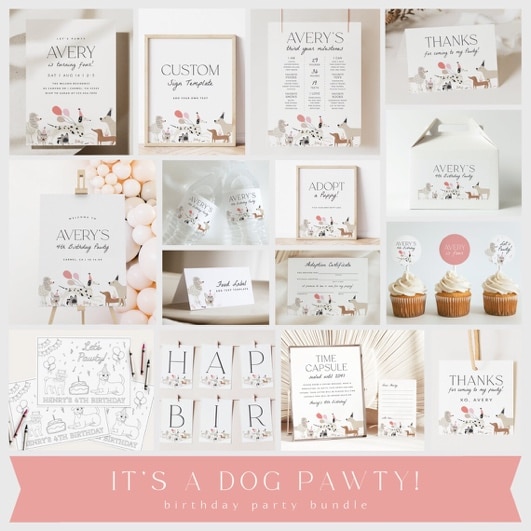 May include: A dog-themed birthday party bundle with a pink and white color scheme. The bundle includes a variety of printable items such as a welcome sign, food labels, adoption certificates, a time capsule, a coloring page, and a banner that says 'Happy Birthday'. The bundle also includes a cupcake topper and a thank you tag. The text on the items includes the name 'Avery' and the phrase 'It's a Dog Pawty!'.