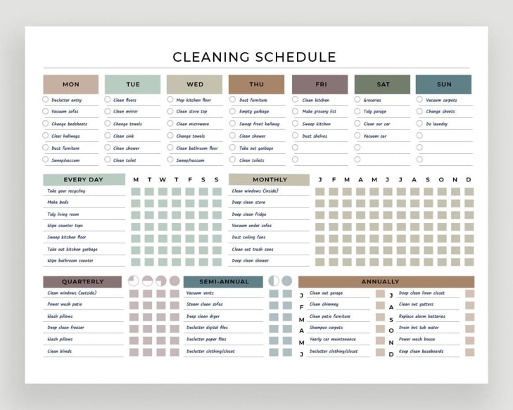 May include: A printable cleaning schedule with a light gray background. The schedule is divided into daily, weekly, monthly, quarterly, semi-annual, and annual tasks. The tasks are listed in columns with checkboxes next to each task. The schedule is designed to help people keep their homes clean and organized.