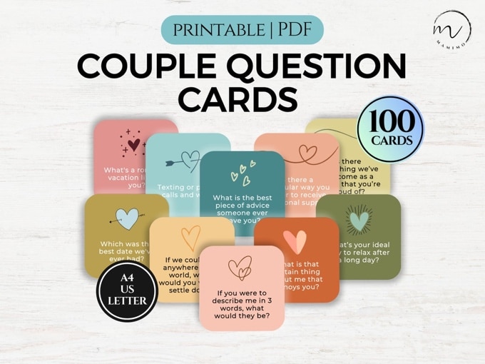 May include: A set of 100 printable couple question cards. The cards are in various colors, including pink, blue, green, and yellow. Each card has a different question printed on it, such as 'What's a romantic vacation like for you?' and 'What is the best piece of advice someone ever gave you?' The cards are designed to help couples get to know each other better and have fun conversations. The text '100 CARDS' is printed in a circle on one of the cards. The text 'A4 US LETTER' is printed in a circle on one of the cards.