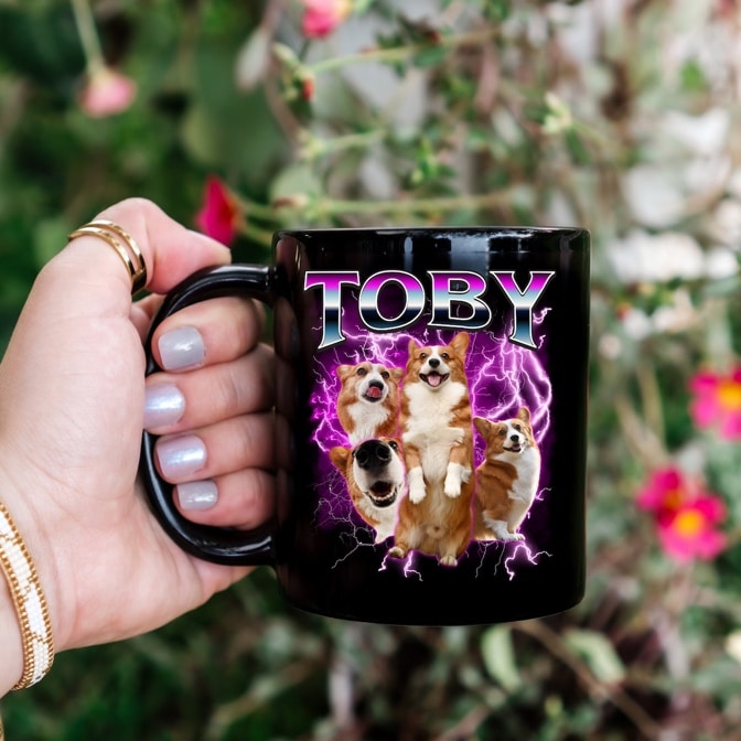 May include: Black coffee mug with a design featuring four Corgi dogs in a dynamic pose against a purple lightning bolt backdrop. The name 'TOBY' is prominently displayed in a stylized, retro font above the dogs. The mug is a 11 oz black ceramic mug. The design is vibrant and eye-catching, suitable for dog lovers and fans of retro aesthetics.