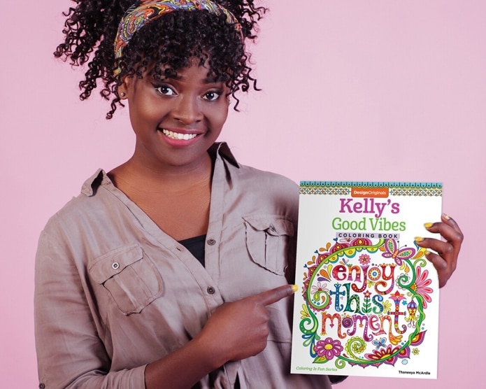 May include: Kelly's Good Vibes Coloring Book with a colorful floral design and the text 'enjoy this moment'. The book is part of the Design Originals Coloring for Fun series by Thanasaya Makila.