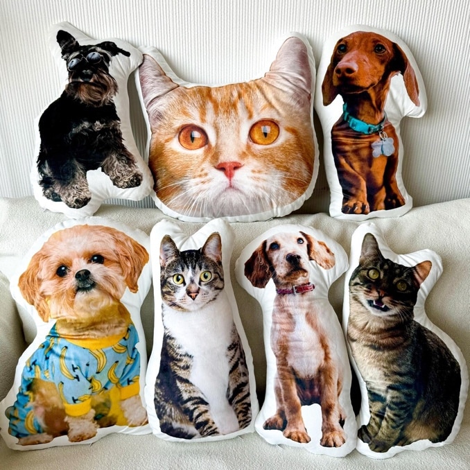 May include: Seven custom pet pillows: a miniature schnauzer, orange tabby cat, dachshund, shih tzu wearing a banana-print shirt, tabby cat, spaniel, and a brown tabby cat. The pillows are made of white fabric with the pet's image printed on them. They are arranged in two rows on a light-colored surface. These are unique, personalized pet pillows, perfect for pet lovers.