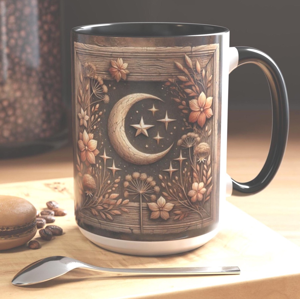 A ceramic mug featuring a crescent moon and wildflower design, ideal for floral lovers.