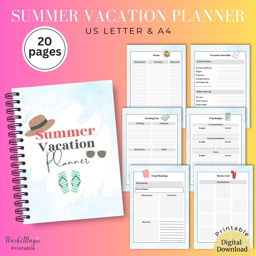 A comprehensive printable planner to organize summer trips, including itinerary and packing sections.