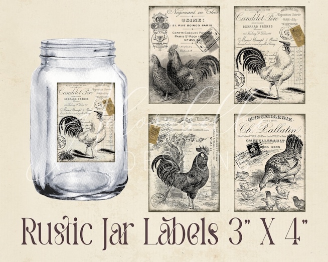 A collection of labels with roosters and chickens Description automatically generated
