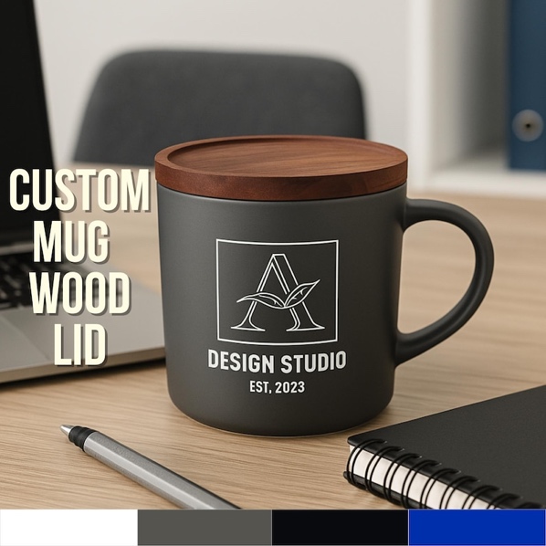 Ceramic Coffee Mug With Wood Lid, Custom Logo Mug, Corporate Gift, Minimalism Mug Gift, Coffee Lover, Business Logo Mug, 14 OZ
