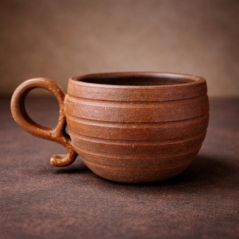 High-Fire Hand-Thrown Ceramic Mug with Sculptural Loop Handle, Ribbed Wheel-Thrown Studio Pottery, Gift Giving Coffee Mug, tea mug image 1