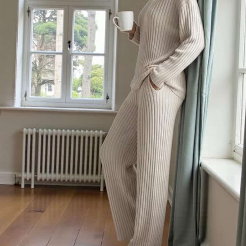 May include: A beige ribbed knit sweater and matching wide-leg pants set. The long-sleeved top has a crew neck and the pants have a high waist. A white mug is held in the hand. The outfit is made of a soft, comfortable material.
