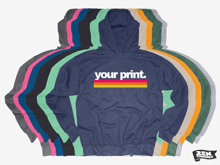 May include: A navy blue hooded sweatshirt with a white stripe and the text "your print" in white letters with a pink and yellow stripe underneath. The sweatshirt is shown with a variety of other colors.