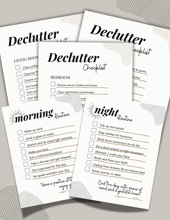 May include: A stack of white paper checklists with black text. The checklists include "Declutter" and "Morning Routine" with checkboxes. The checklists are decorated with a sunburst and abstract line designs.