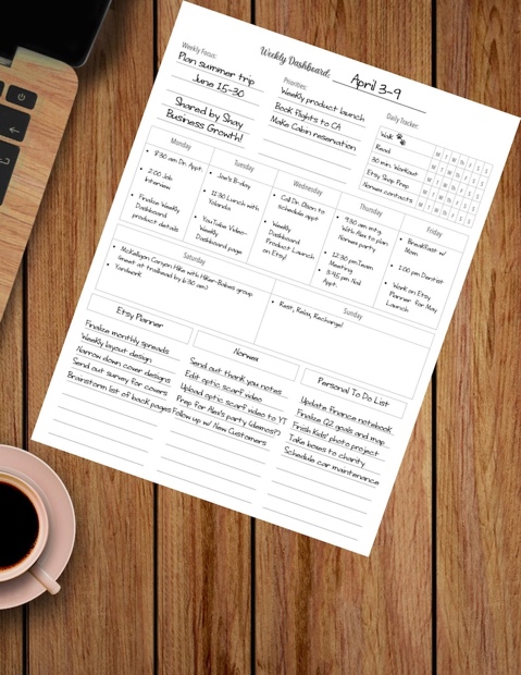 May include: A weekly planner with a black and white design. The planner includes sections for daily tasks, weekly focus, and monthly planning. The planner also includes a section for personal to-do list and a section for business growth.