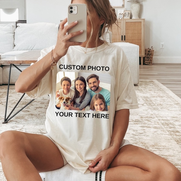 May include: A white t-shirt with a photo of a family and a dog. The text "CUSTOM PHOTO" and "YOUR TEXT HERE" is printed on the shirt.