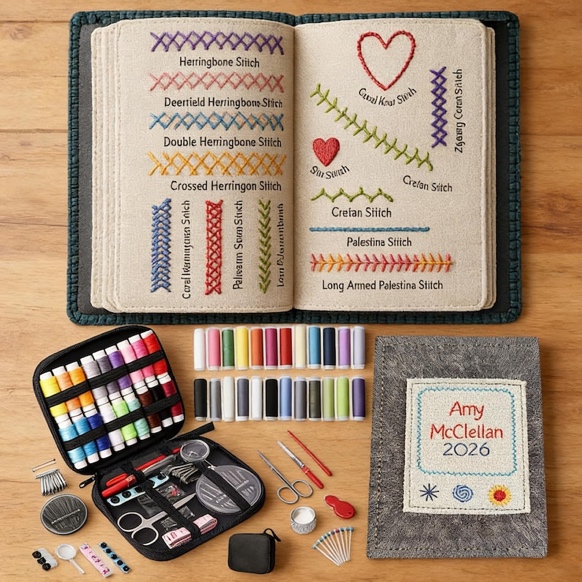 May include: An open book displaying various embroidery stitches, with a heart and floral designs. A black sewing kit, spools of thread in various colors, and a gray notebook with the name "Amy McClellan 2026" are also present. The items are arranged on a wooden surface.