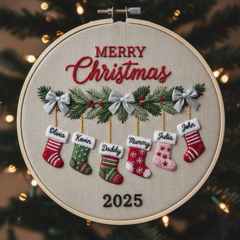 May include: Embroidered Christmas hoop art with the words "Merry Christmas" in red script. Below, a garland of green leaves, gray bows, and six personalized stockings. The year "2025" is embroidered at the bottom.