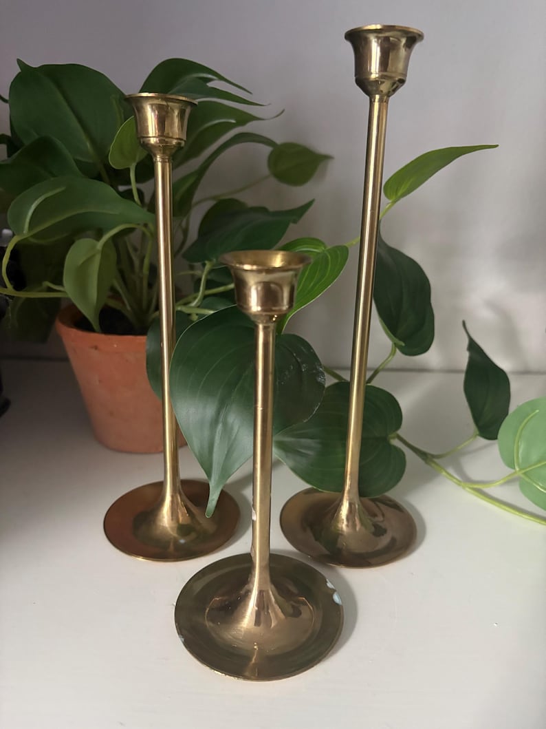 May include: Three brass candle holders of varying heights. Each has a round base, a slender stem, and a small cup to hold a candle. The candle holders are arranged in a row, with a green leafy plant in the background.