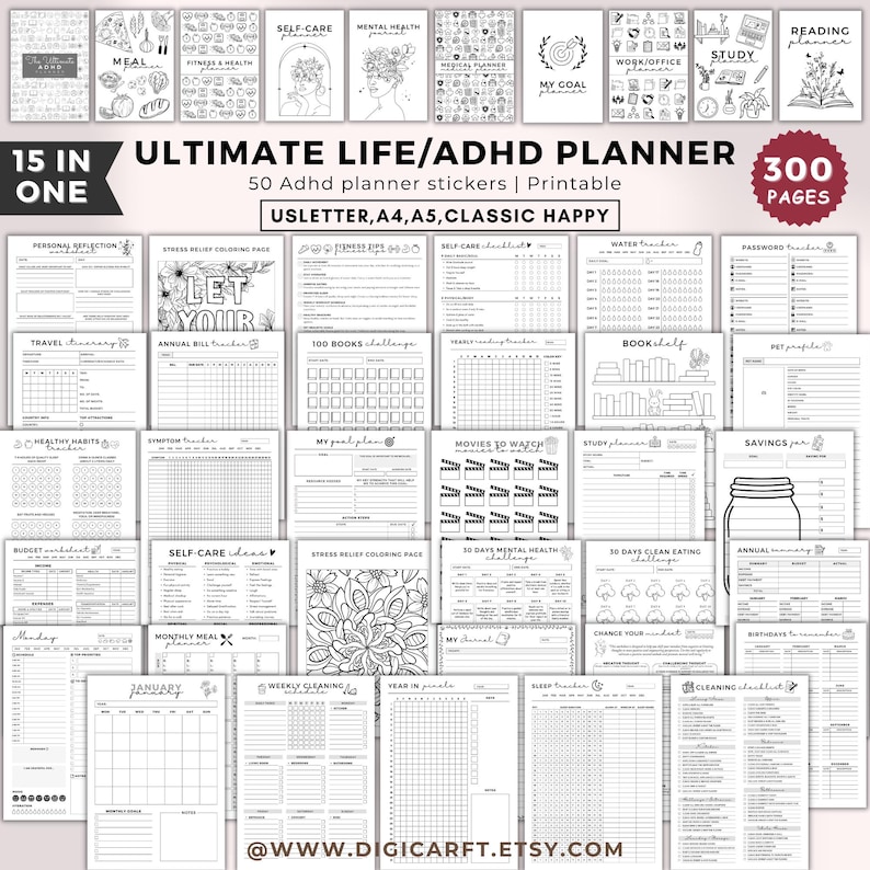 Mega ADHD Planner Bundle A4 Ultimate Life Planner 2024 Productivity Journal Personal Planner Inserts A5 Efficient Time Management Customizable Wellness Planner Goal-Oriented Daily Planning,Organized Living Bundle,Printable Productivity Tools