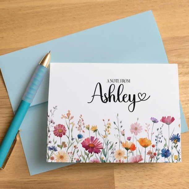 Personalized Note Cards with Name, Set of Wildflower Stationery Cards, Custom Notecards with Envelopes, Floral Thank You Cards Notes, Folded image 1