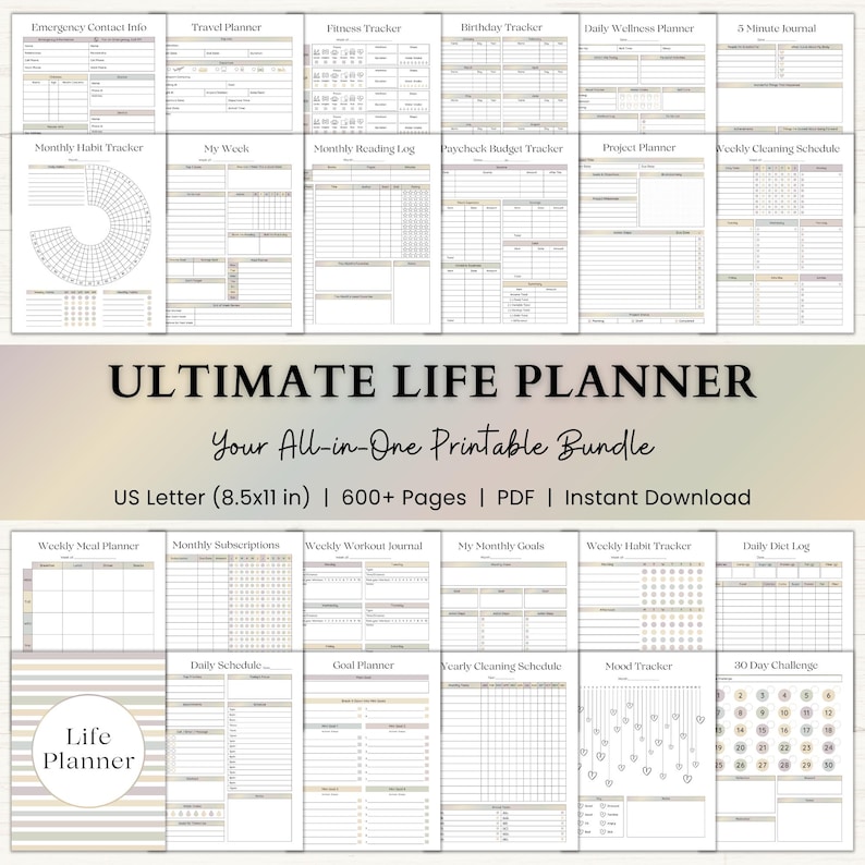 Ultimate Life Planner Printable Bundle | Adhd Productivity Planner | Habit Tracker | Mood Journal | Home Binder | Self Care | Fitness | Boho image 1