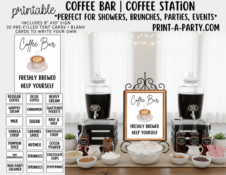Coffee Bar Sign + Toppings Tent Cards Printable Party Decor Buffet (PDF) image 1
