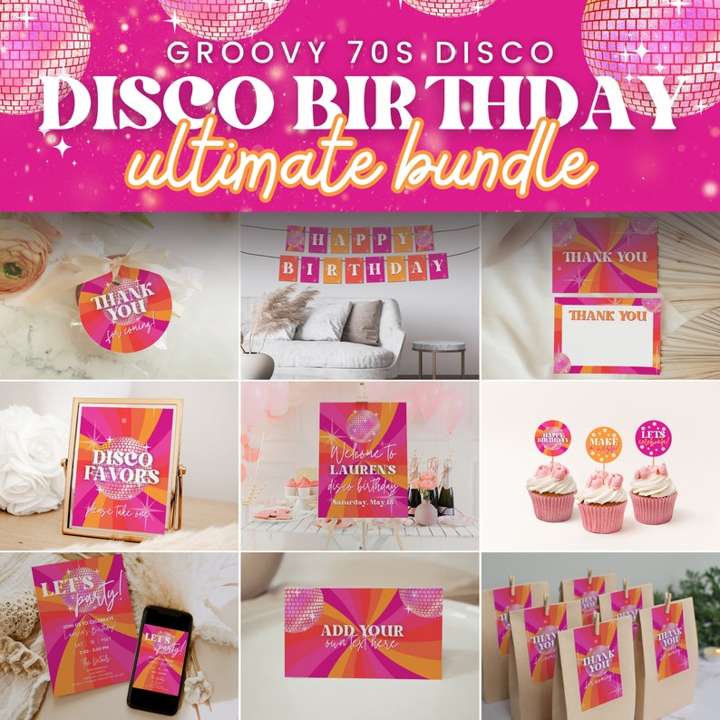 Disco Birthday Party Bundle with Editable Templates for Retro & Groovy 70s Theme Bday for Kids or Adults, Hippie Peace Out Decorations, SARA image 1