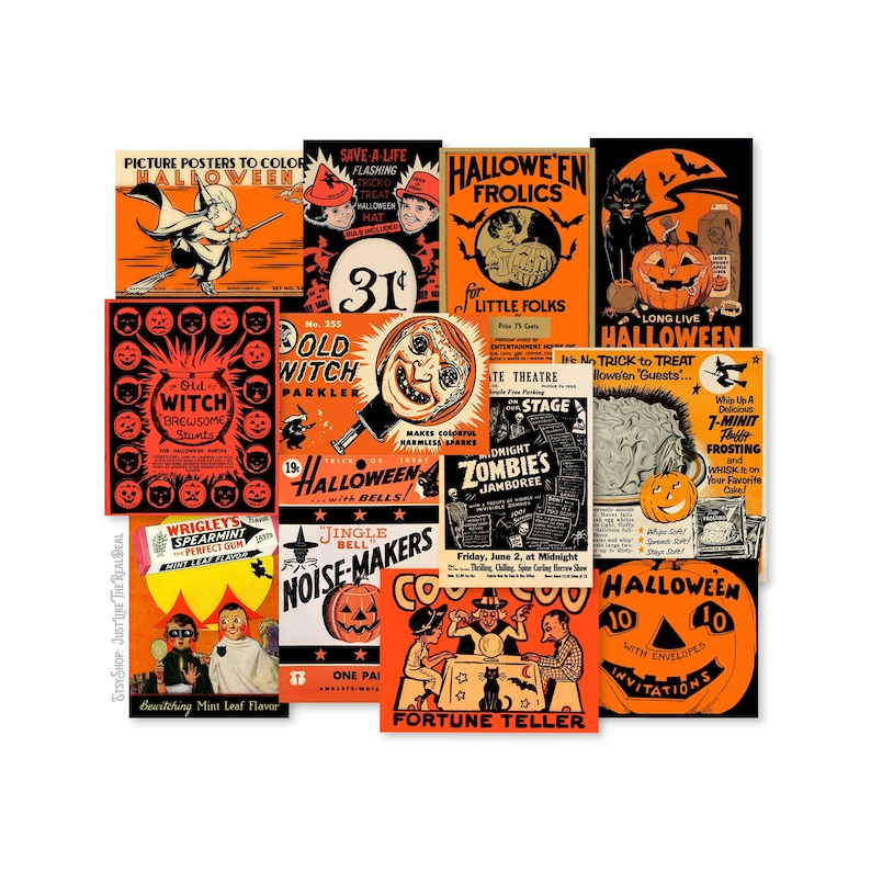 May include: A collection of vintage Halloween themed posters and advertisements. The posters feature images of witches, pumpkins, and other Halloween imagery. The text on the posters includes phrases like "Old Witch Parkler", "Halloween Frolics", and "Long Live Halloween".