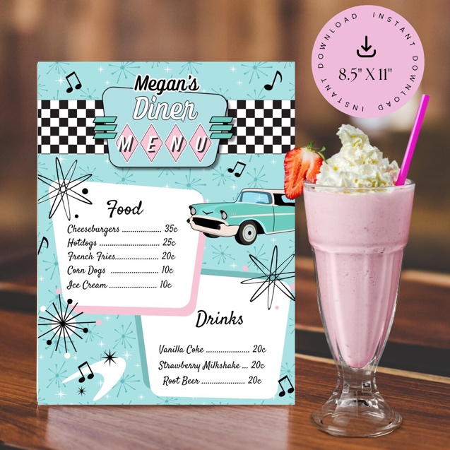 May include: A retro-style diner menu with a teal and pink color scheme. The menu features food and drink options, including cheeseburgers, hotdogs, and strawberry milkshakes. A vintage car graphic is also included.