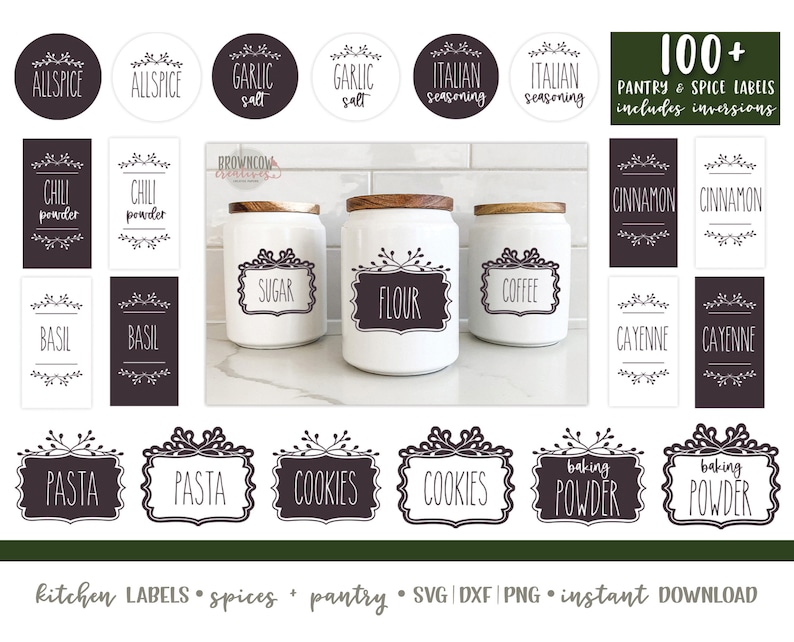 May include: A set of 100+ printable pantry and spice labels with a rustic, farmhouse style. The labels feature a variety of common pantry items, including spices, herbs, and baking ingredients. The labels are designed with a simple, elegant font and include a decorative floral element. The labels are available in both black and white and can be customized to fit your needs.
