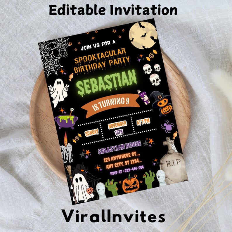 May include: Black Halloween birthday party invitation with spooky graphics, including ghosts, pumpkins, and bats. The invitation reads "Spooktacular Birthday Party" and includes the name "Sebastian" and party details.