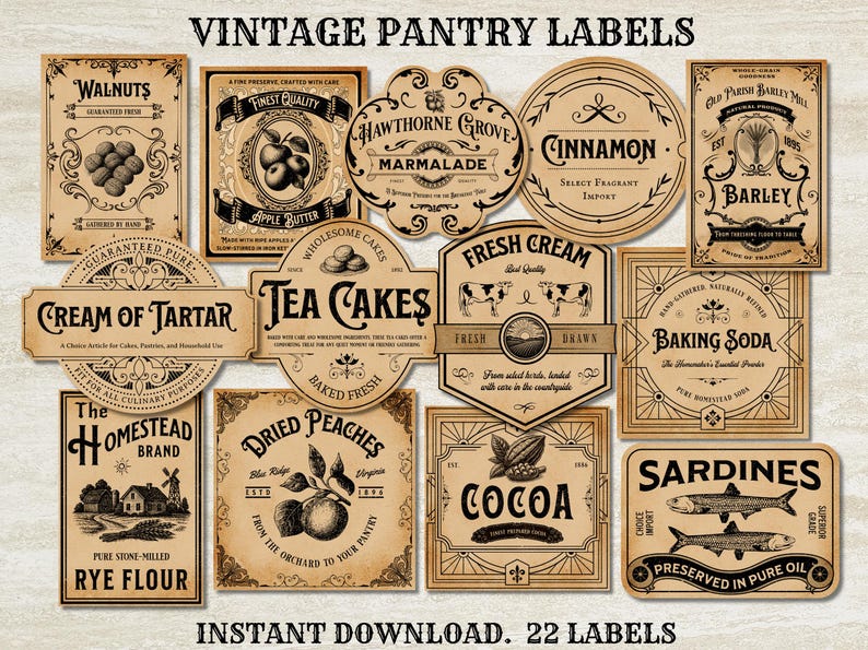 Vintage Pantry Labels Printable Set, Primitive Kitchen Jar Labels Farmhouse Decor, Food Storage Digital Download, Cottagecore Pantry, Baking image 1