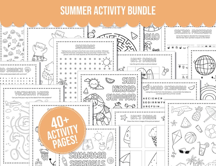 May include: A black and white printable activity bundle for kids featuring summer-themed activities like word searches, mazes, connect the dots, and drawing prompts. The bundle includes over 40 pages of activities.