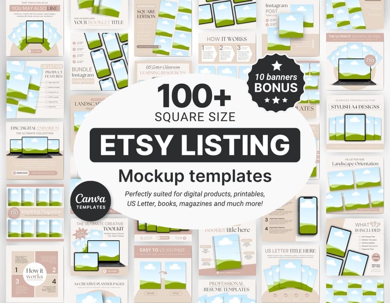 May include: A collection of 100+ mockup templates for Etsy listings. The templates are in square and US Letter sizes. The image shows a variety of mockups, including product features, Instagram posts, and landscape orientation. The text "100+ Square Size Etsy Listing Mockup Templates" is displayed in large, bold letters.